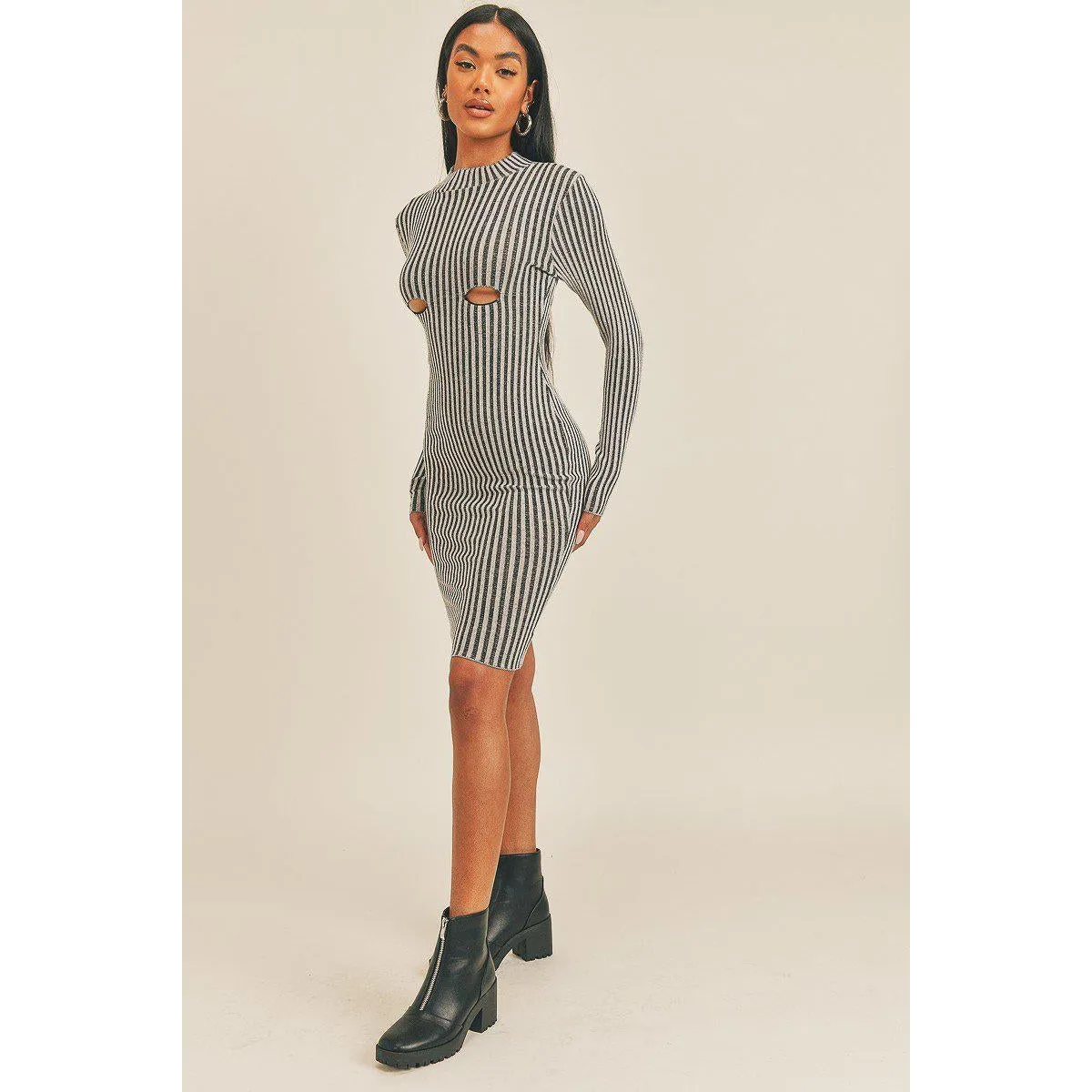 Long Sleeve Stripe Print Midi Dress