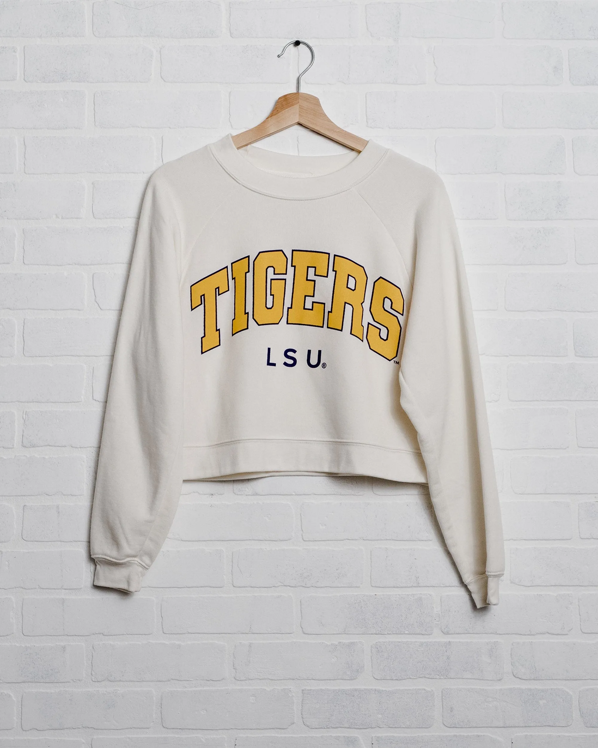 LSU Tigers Filled Gault Off White Cropped Raglan Sweatshirt