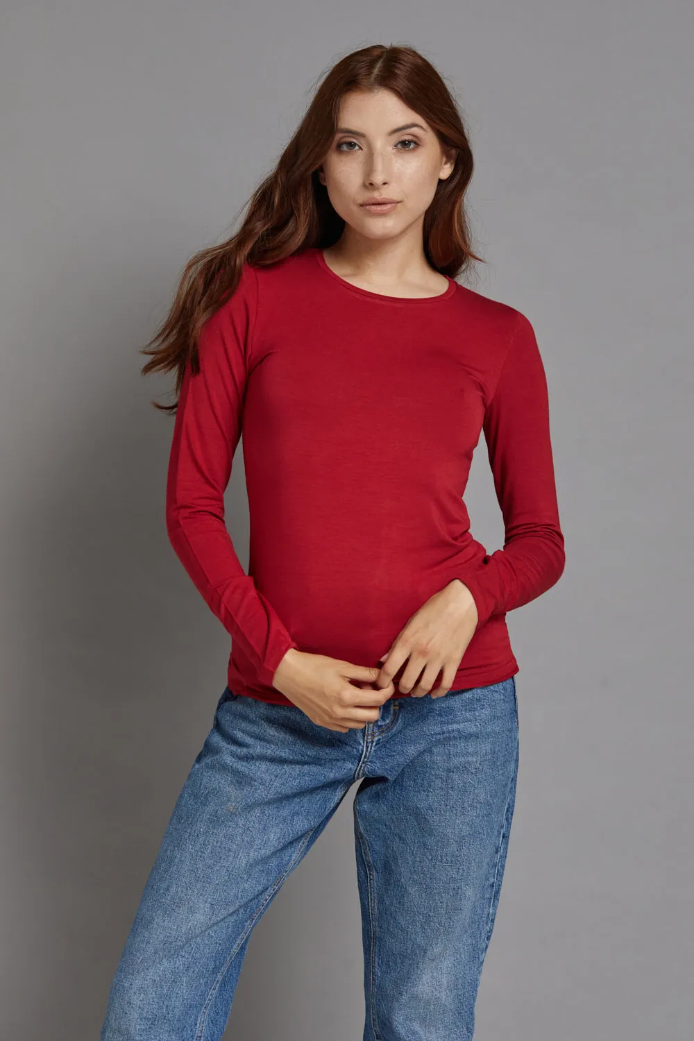 Majestic Long Sleeve Soft Touch Viscose Crewneck in Rubis