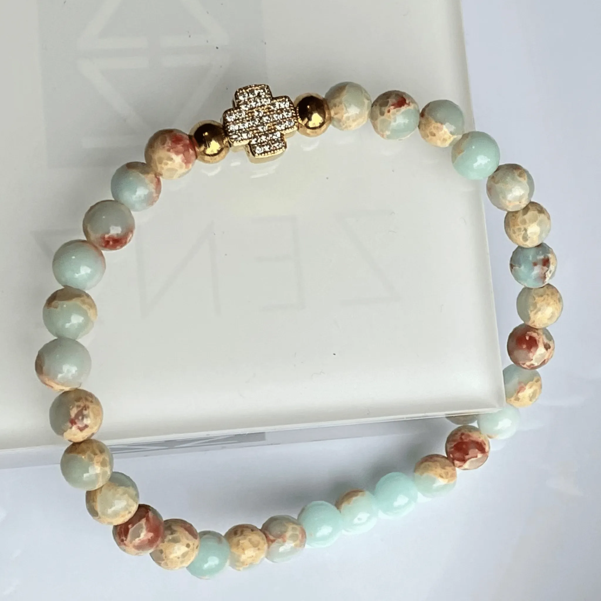 Mixed Gemstone Stretch Bracelet with Rhinestone Cross Charm