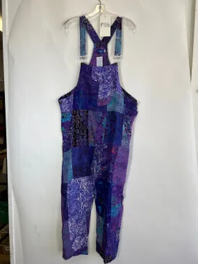 P116 One of a Kind Purple Playful Batik Patchwork Overalls L