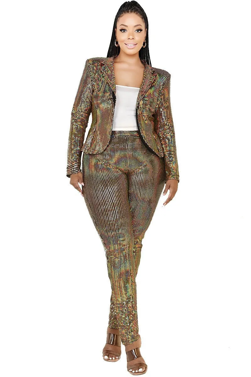 Plus Size Metallic Sequins 2 Piece Jacket And Pants Set