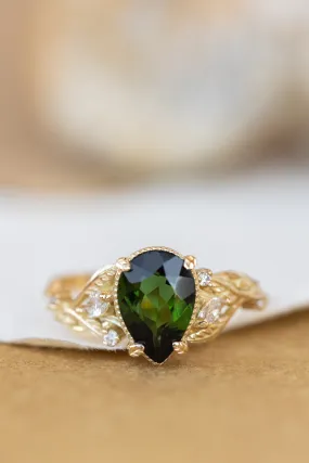 READY TO SHIP: Patricia ring in 14K yellow gold, green tourmaline pear cut 10x7 mm, accent natural diamonds, AVAILABLE RING SIZES: 5.5-7.5US