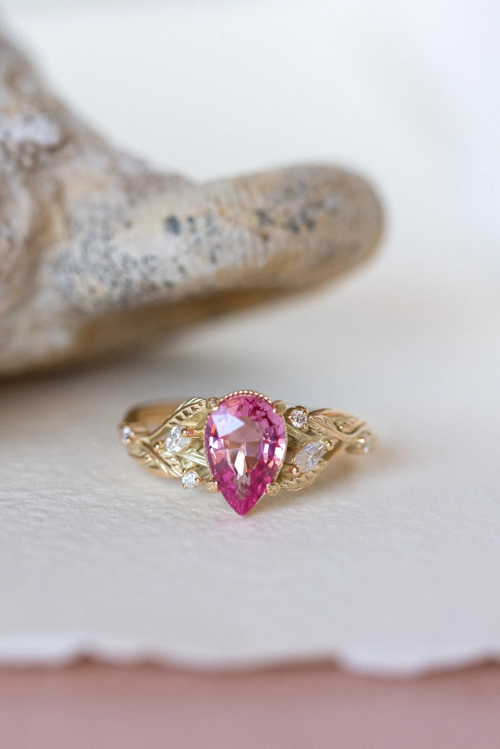 READY TO SHIP: Patricia ring in 14K yellow gold, natural pink spinel pear cut 8x6 mm, accent moissanites, AVAILABLE RING SIZES: 6-8US