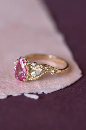 READY TO SHIP: Patricia ring in 14K yellow gold, natural pink spinel pear cut 8x6 mm, accent moissanites, AVAILABLE RING SIZES: 6-8US