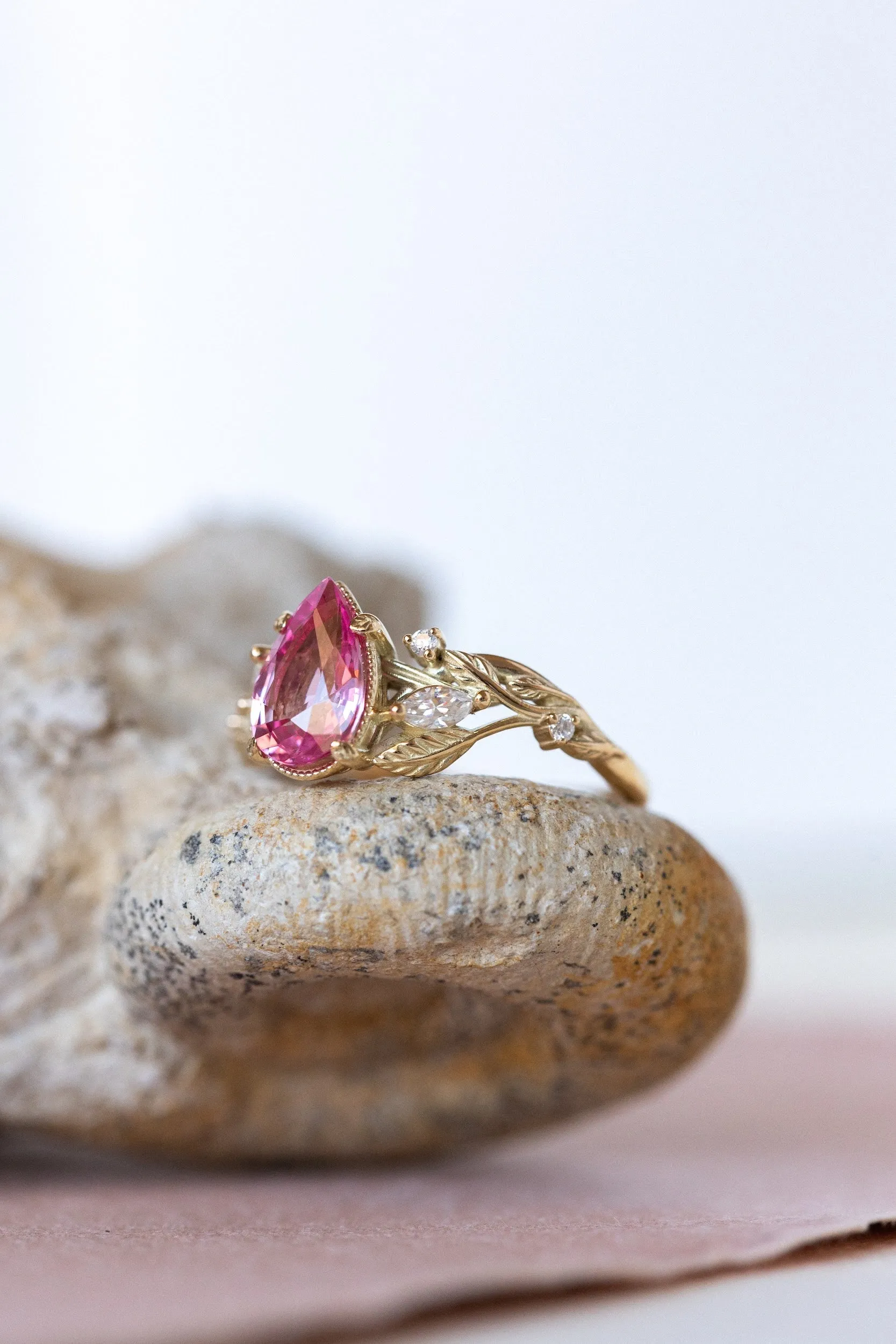 READY TO SHIP: Patricia ring in 14K yellow gold, natural pink spinel pear cut 8x6 mm, accent moissanites, AVAILABLE RING SIZES: 6-8US