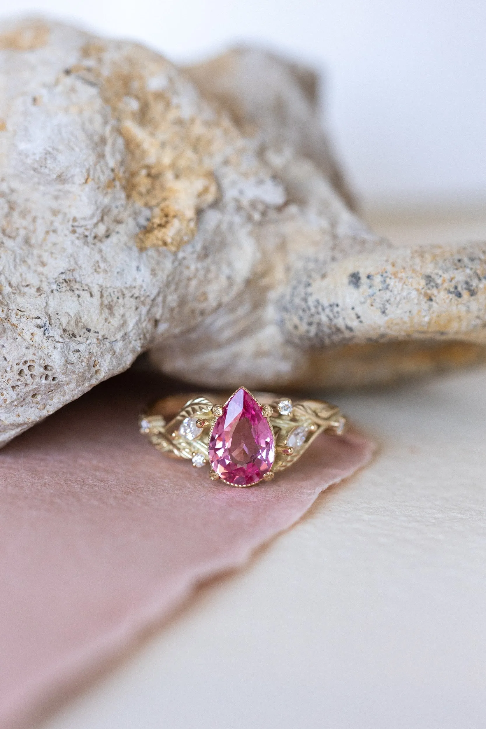 READY TO SHIP: Patricia ring in 14K yellow gold, natural pink spinel pear cut 8x6 mm, accent moissanites, AVAILABLE RING SIZES: 6-8US