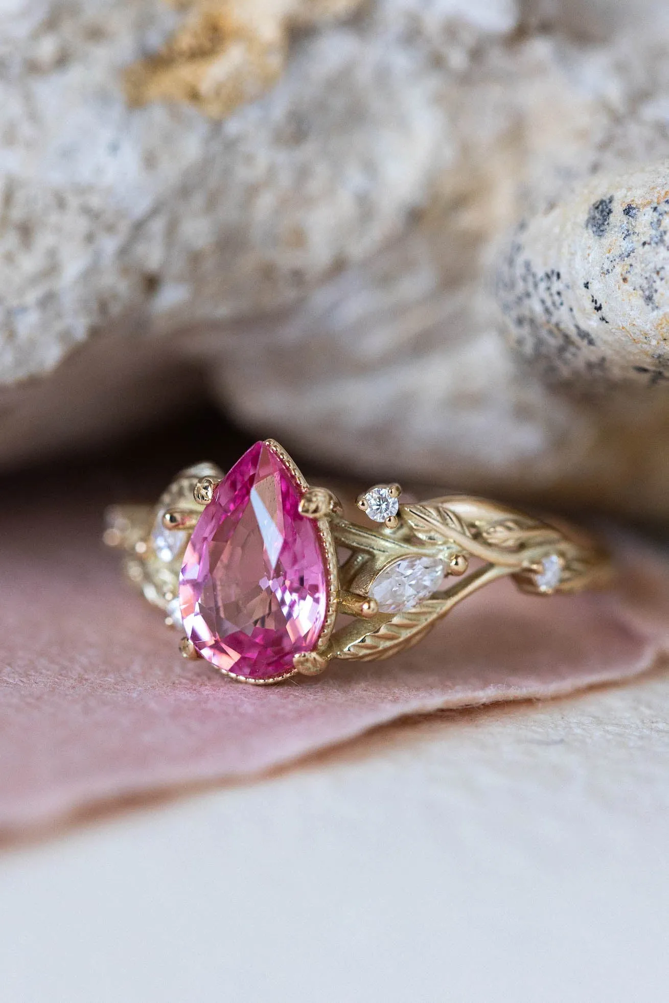 READY TO SHIP: Patricia ring in 14K yellow gold, natural pink spinel pear cut 8x6 mm, accent moissanites, AVAILABLE RING SIZES: 6-8US