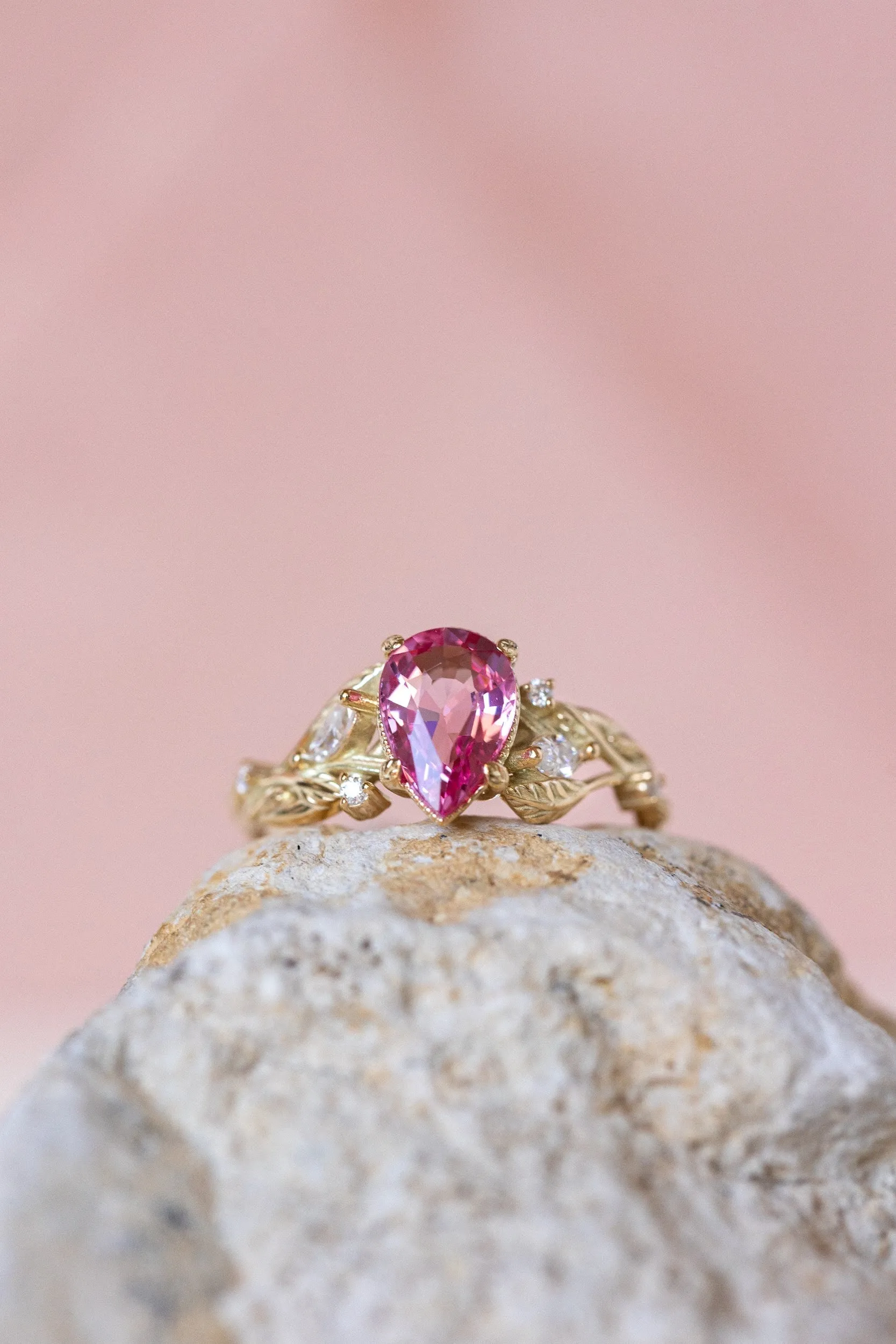 READY TO SHIP: Patricia ring in 14K yellow gold, natural pink spinel pear cut 8x6 mm, accent moissanites, AVAILABLE RING SIZES: 6-8US