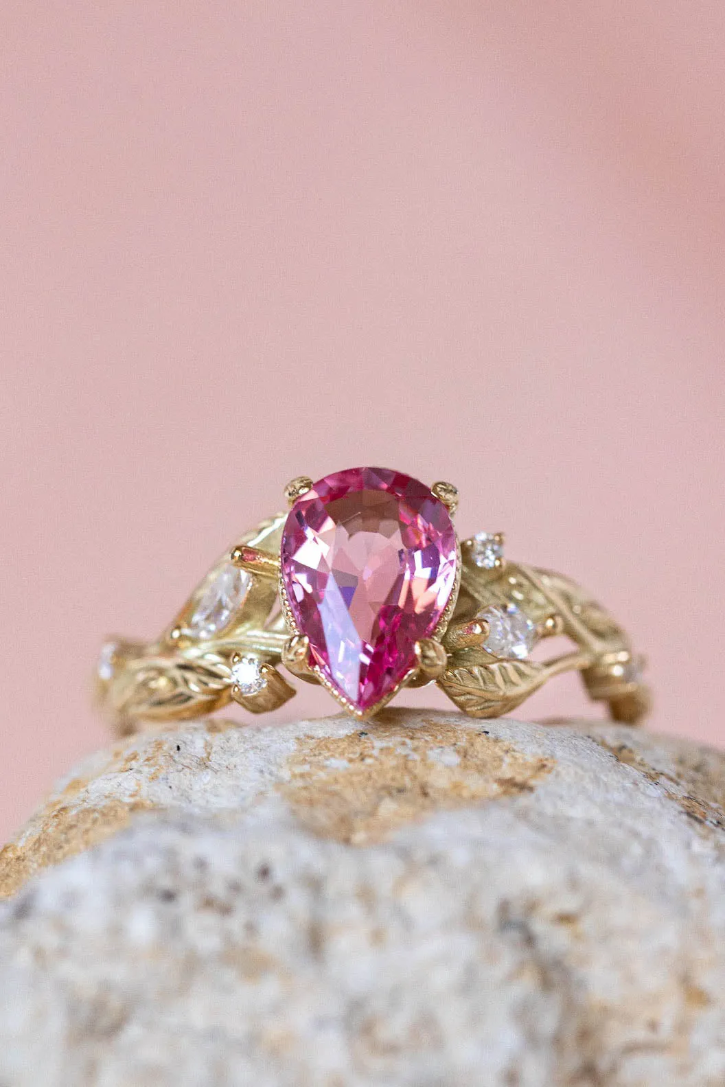 READY TO SHIP: Patricia ring in 14K yellow gold, natural pink spinel pear cut 8x6 mm, accent moissanites, AVAILABLE RING SIZES: 6-8US