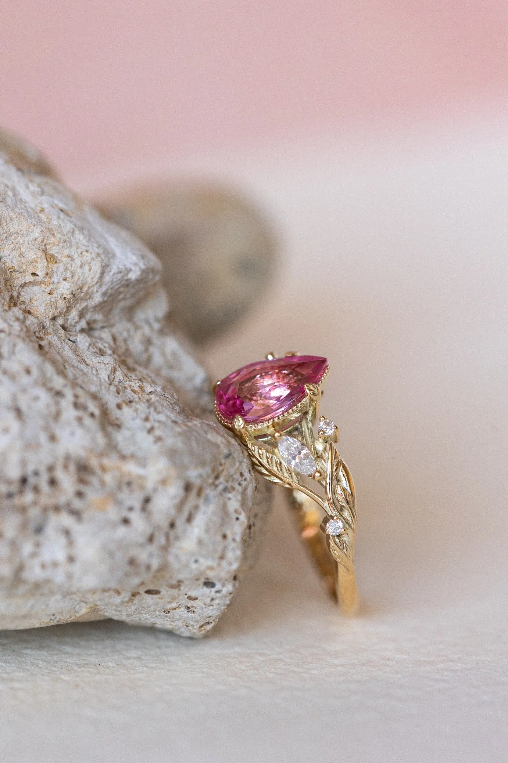 READY TO SHIP: Patricia ring in 14K yellow gold, natural pink spinel pear cut 8x6 mm, accent moissanites, AVAILABLE RING SIZES: 6-8US