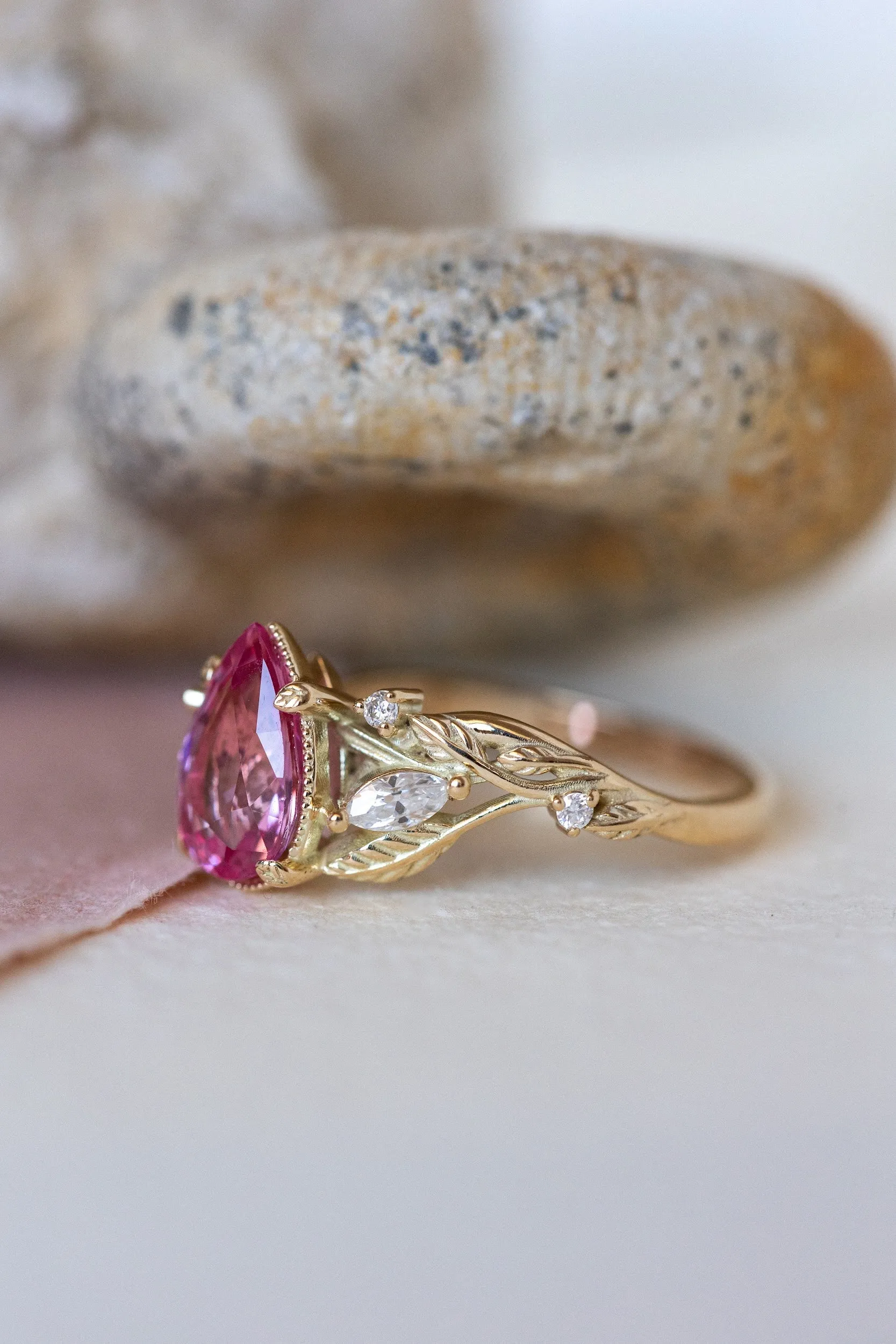 READY TO SHIP: Patricia ring in 14K yellow gold, natural pink spinel pear cut 8x6 mm, accent moissanites, AVAILABLE RING SIZES: 6-8US