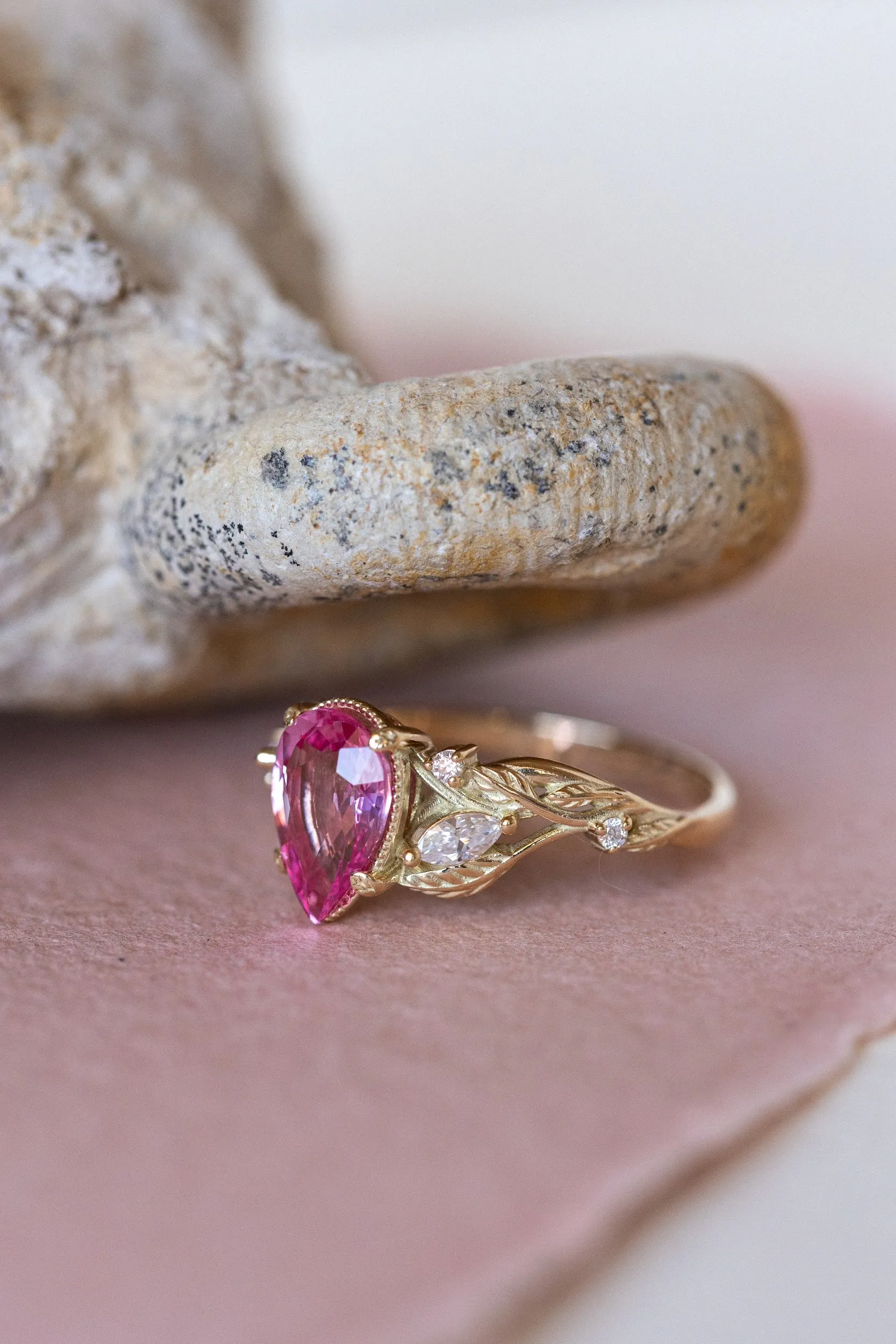 READY TO SHIP: Patricia ring in 14K yellow gold, natural pink spinel pear cut 8x6 mm, accent moissanites, AVAILABLE RING SIZES: 6-8US