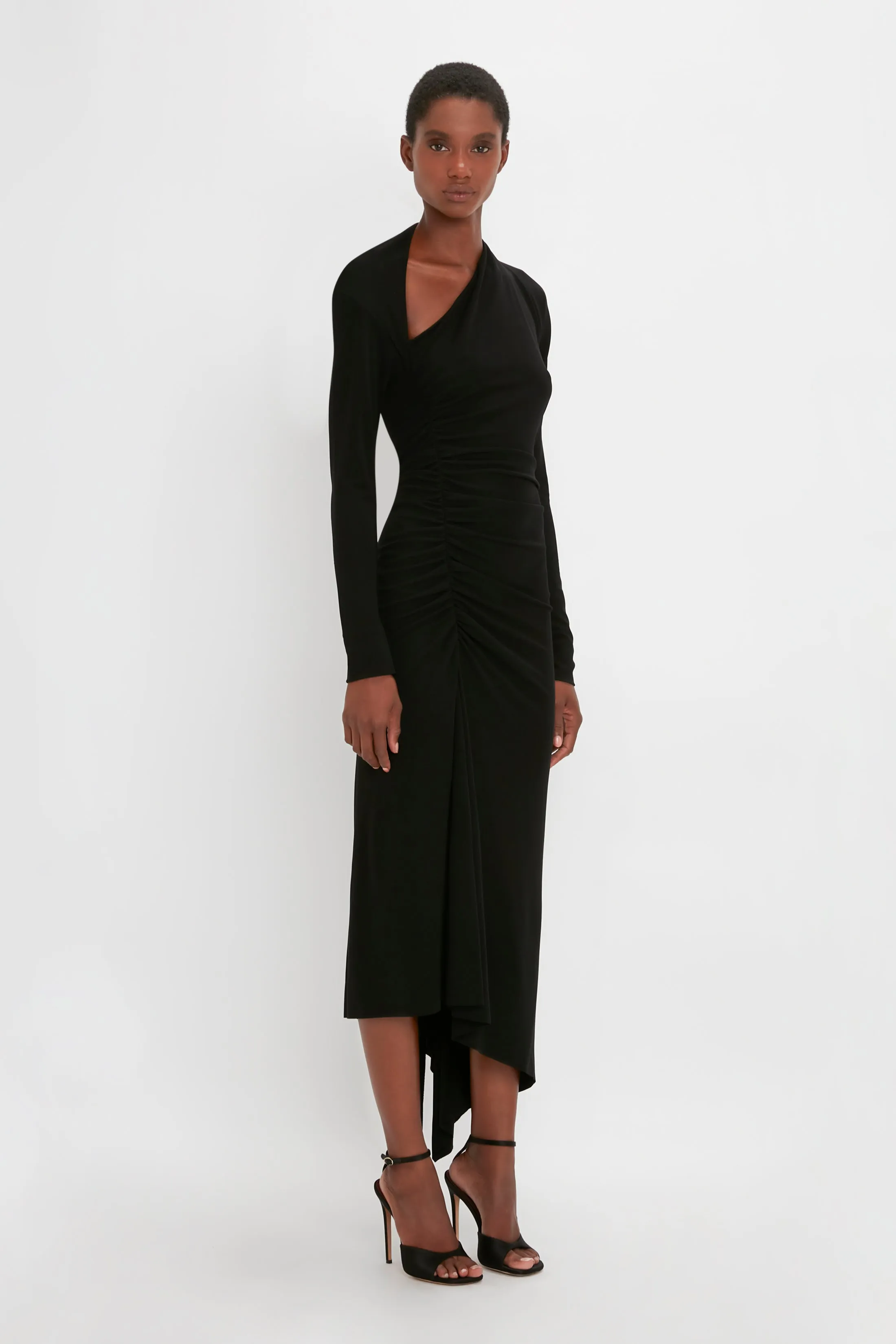 Slash-Neck Ruched Midi Dress In Black