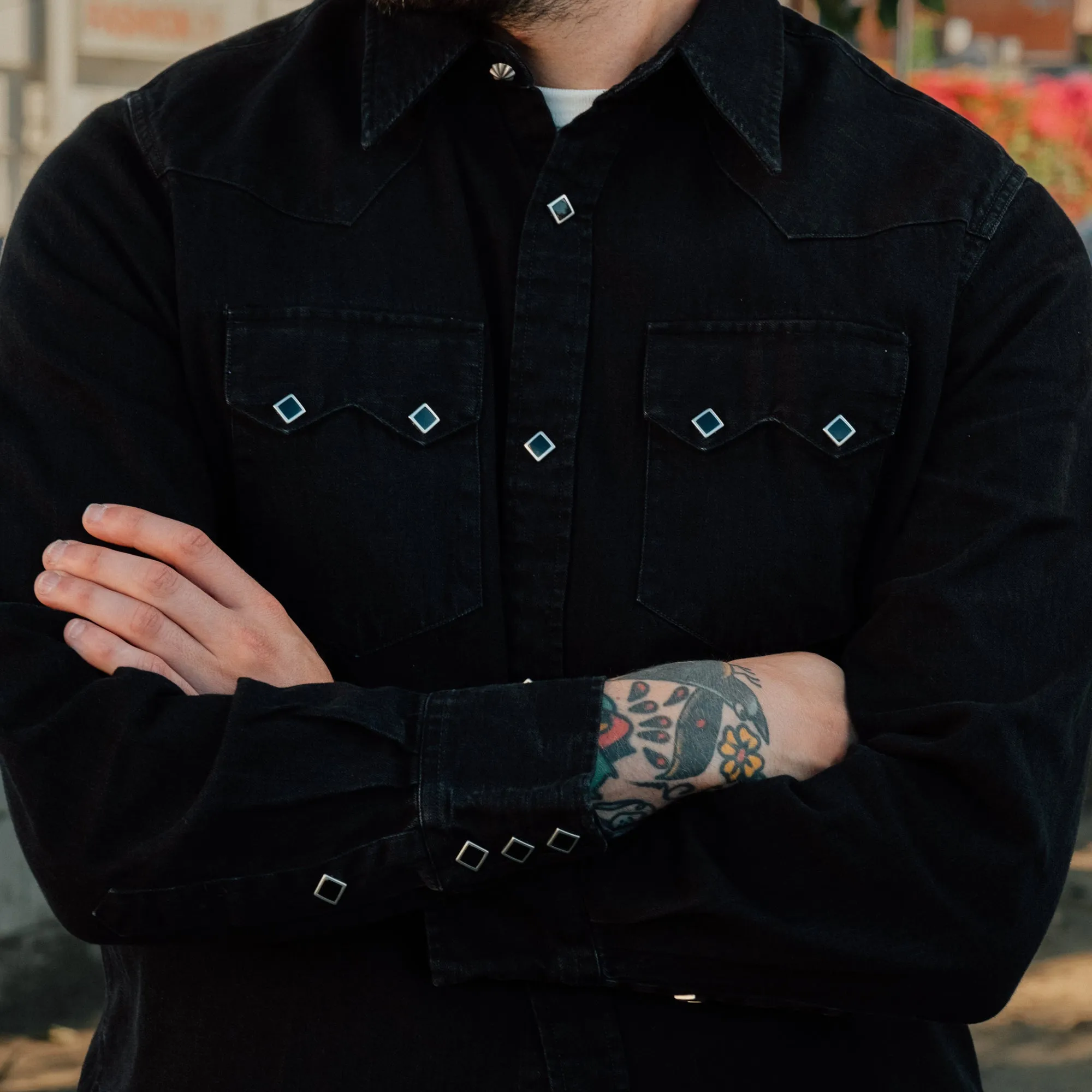 Slim Fit Denim Western Shirt Black