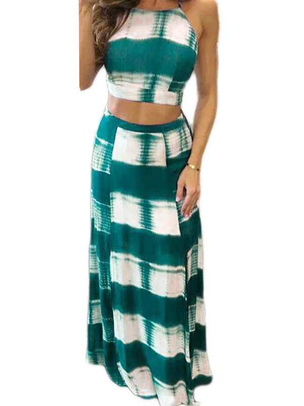 Women Stripe Slit Maxi Dress 2 Pieces